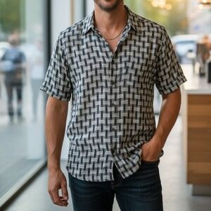 Vintage‎ Angelino Mens 100% Linen Button Up Shirt Size M Short Sleeve Camp Retro